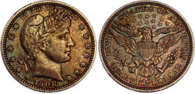 United States 1/4 Dollar 1908 D
KM# 114, Schön# 121, N# 10591; Silver; "Barber Quarter"; Denver Mint; AUNC with nice multicolor toning