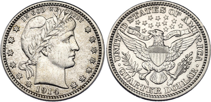 United States 1/4 Dollar 1914
KM# 114, Schön# 121, N# 10591; Silver; "Barber Qu...