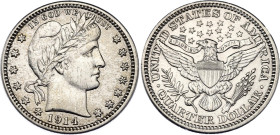 United States 1/4 Dollar 1914
KM# 114, Schön# 121, N# 10591; Silver; "Barber Quarter"; Philadelphia Mint; XF+