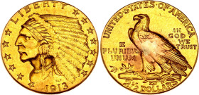 United States 2-1/2 Dollars 1913
KM# 128, N# 6158; Gold (0.900) 4.18 g., 18 mm.; "Indian Head - Quarter Eagle"; XF, removed from jewelry
