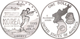 United States 1 Dollar 1991 P
KM# 231, N# 20183; Silver., Proof; 38th Anniversary of the Korean War; Philadelphia Mint