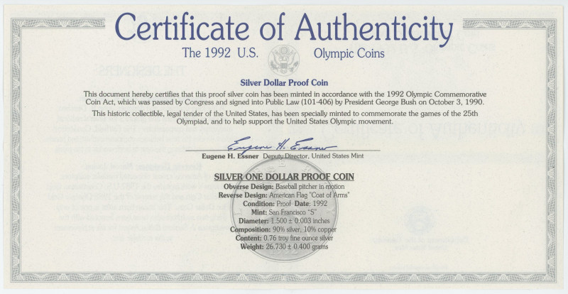United States 1 Dollar 1992 S "XXV Olympic Games" Set
KM# 234, N# 20184; Silver...