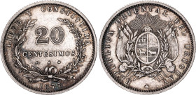 Uruguay 20 Centesimos 1877 A
KM# 15, N# 4360; Silver; Paris Mint; XF+ with mint luster