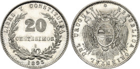 Uruguay 20 Centesimos 1893 So
KM# 15, N# 4360; Silver; Santiago Mint; AUNC