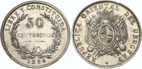 Uruguay 50 Centesimos 1894
KM# 16; SA# 31, N# 4361; Silver; AUNC Toned
