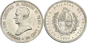 Uruguay 20 Centesimos 1920
KM# 24, N# 14532; Silver; Artigas; XF-AUNC