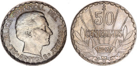 Uruguay 50 Centesimos 1943 So
KM# 31, N# 3784; Silver; Artigas; UNC with mint luster & amazing toning