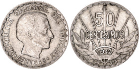 Uruguay 50 Centesimos 1943 So
KM# 31, N# 3784; Silver; Artigas; XF-AUNC
