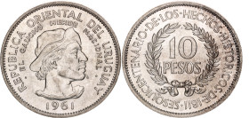 Uruguay 10 Pesos 1961
KM# 43, SA# 84, N# 4362; Silver; Sesquicentennial of Revolution Against Spain; UNC with mint luster