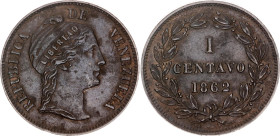 Venezuela 1 Centavo 1862
Y# 7, N# 14976; Copper; XF/AUNC