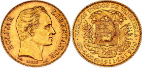 Venezuela 20 Bolivares 1911
Y# 32, N# 42581; Gold (0.900) 6.45 g., 22 mm.; Simon Bolivar; Paris Mint; UNC with mint luster