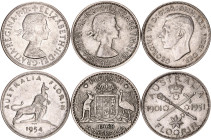 Australia 3 x 1 Florin 1951 - 1960
KM# 47, 55, 60; Silver; Various Motives (50th Anniversary of Federation & Royal Visit of Elizabeth II); George VI,...