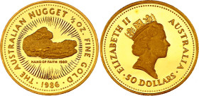 Australia 50 Dollars 1986
KM# 91, N# 302966; Gold (0.999) 15.55 g., 25,1 mm., Proof; Elizabeth II; Australian Nugget; Mintage 15000 pcs.