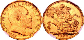 Australia 1 Sovereign 1907 S NGC MS63+
KM# 805, Sp# 3969, N# 13226; Gold (.917), 7.99 g.; Edward VII; UNC