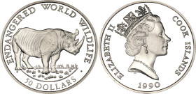 Cook Islands 50 Dollars 1990 PM
KM# 55, N# 53676; Silver., Proof; Endangered World Wildlife Series - Rhinoceros; Elizabeth II; Pobjoy Mint; Mintage: ...