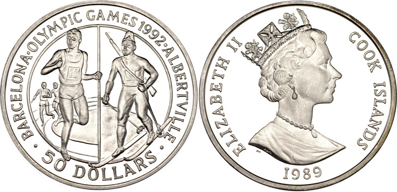 Cook Islands 50 Dollars 1989
KM# 60, N# 84933; Silver., Proof; 1992 Olympic Gam...