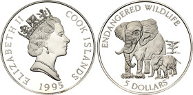 Cook Islands 5 Dollars 1995
KM# 234, N# 46200; Silver., Proof; Endangered Wildlife - Elephant; Elizabeth II; Mintage: 25000 pcs., With Certificate