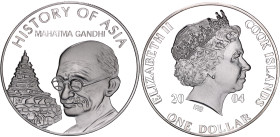 Cook Islands 1 Dollar 2004
KM# 1156, N# 44806; Silver plated Brass., Proof; History of Asia - Mahatma Gandhi; Elizabeth II