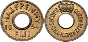 Fiji 1/2 Penny 1954
KM# 20, N# 11246; Copper-nickel; Elizabeth II; UNC with full mint luster & beautiful toning