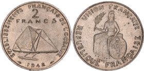 French Polynesia 2 Francs 1948 Essai
KM# E6, N# 178955; Bronze-nickel; Mintage 1100 pcs.; UNC