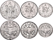 New Caledonia 1 - 2 - 5 Francs 2012 - 2014
KM# 10, 14, 16; Aluminium; UNC