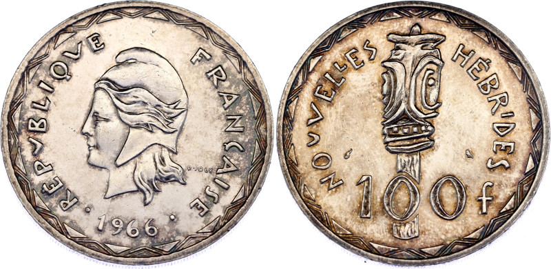 New Hebrides 100 Francs 1966
KM# 1, Schön# 6, N# 10363; Silver., Prooflike; Par...