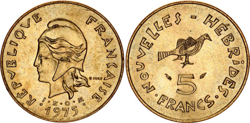 New Hebrides 5 Francs 1975
KM# 6.2, N# 329733; Nickel brass; UNC with full mint...