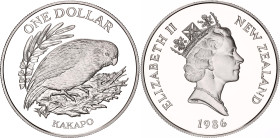 New Zealand 1 Dollar 1986
KM# 57a, N# 101609; Silver, Proof; Elizabeth II; Kakapo Bird; Mintage 20500 pcs.