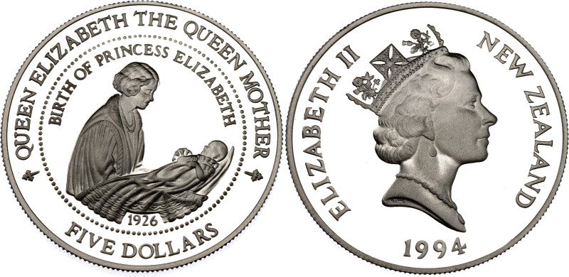 New Zealand 5 Dollars 1994
KM# 91, N# 84761; Silver., Proof; Birth of Princess ...