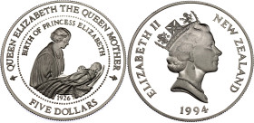 New Zealand 5 Dollars 1994
KM# 91, N# 84761; Silver., Proof; Birth of Princess Elizabeth; Elizabeth II; Mintagte: 34600 pcs.