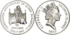 Solomon Islands 10 Dollars 1992
KM# 46, Schön# 53, N# 23295; Silver., Proof; 40th Anniversary of the Coronation of Queen Elizabeth II; Mintage: 50000...
