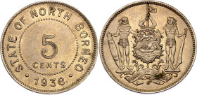 British North Borneo 5 Cents 1938 H
KM# 5, Schön# 5, N# 11951; Copper-nickel; Heaton's Mint, Birmingham; UNC- Luster