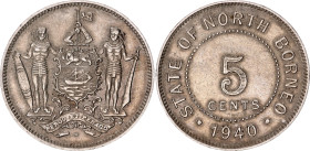 British North Borneo 5 Cents 1940 H
KM# 5, N# 11951; Copper-nickel; Heaton Mint; AUNC-