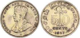 Ceylon 50 Cents 1917
KM# 109, N# 22520; Silver; George V; XF