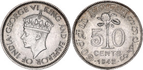 Ceylon 50 Cents 1942
KM# 114, N# 44928; Silver; George VI; Calcutta Mint; UNC