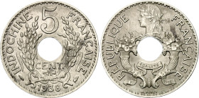 French Indochina 5 Centimes 1938
KM# 18.1a, N# 22677; Nickel brass 4.05g.; AUNC