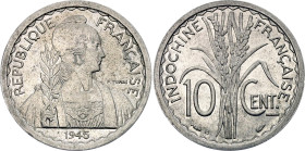 French Indochina 10 Centimes 1945 B
KM# 28.2, N# 2630; Aluminium; Beaumont-le-Roger Mint; UNC