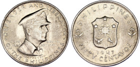 Philippines 50 Centavos 1947 S
KM# 184, Schön# 22, N# 15859; Silver; Liberation of the Philippines from the Japanese by Gen. Douglas MacArthur; UNC w...