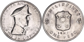 Philippines 1 Peso 1947 S
KM# 185, Schön# 23, N# 12756; Silver; Liberation of the Philippines from the Japanese by Gen. Douglas MacArthur; UNC with m...