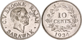 Sarawak 10 Cents 1934 H
KM# 16, N# 12522; Copper-nickel; Charles V. Brooke Rajah; AUNC, env. damage