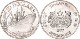 Singapore 10 Dollars 1977
KM# 15, N# 26486; Silver; 10th Anniversary of Independence; Mintage 150000 pcs.; UNC with mint luster