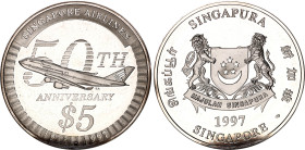 Singapore 5 Dollars 1997 SM
KM# 151a, N# 126091; Silver, Proof; 50th Anniversary of Singapore Airlines; Mintage 18000 pcs.; With nice toning