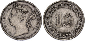 Straits Settlements 10 Cents 1882 H
KM# 11, N# 11570; Silver; Victoria; Heaton Mint; VF+/XF-