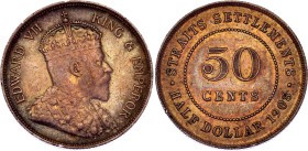 Straits Settlements 50 Cents 1908
KM# 24, N# 15532; Silver; Edward VII; London Mint; XF-AUNC with nice golden toning