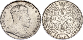 Straits Settlements 1 Dollar 1908
KM# 26, Y# 25a, Dav. 304, N# 12779; Silver; Edward VII; London Mint; XF