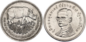 Thailand 100 Baht 1974 BE 2517
Y# 102; Silver; Rama IX; World Wildlife Fund - Sumatran Rhinoceros; Llantrisant Mint; Mintage 20339; UNC