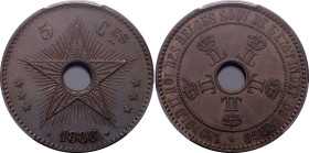 Belgian Congo 5 Centimes 1888 /7 Overdate PCGS MS62 BN
KM# 3, LA# VCM-3, N# 11422; Copper; Leopold II (1885-1908); UNC