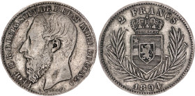 Belgian Congo 2 Francs 1894
KM# 7, N# 10913; Silver; Leopold II; VF-XF