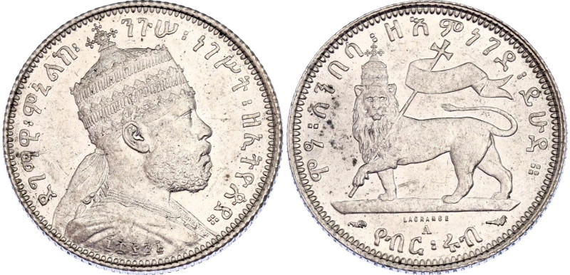 Ethiopia 1/4 Birr 1903 EE1895
KM# 3; Silver; Menelik II. ; UNC, full mint luste...