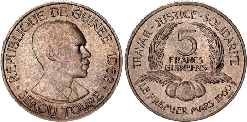 Guinea 5 Francs Guineens 1962
KM# 5, N# 6321; Copper-nickel; Sekou Toure; UNC
